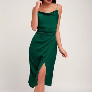 Lulus Hollywood Woman Forest Green Satin Midi Dress - Size Small